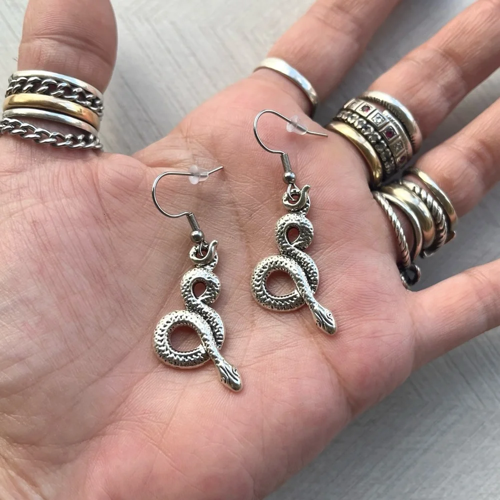 Set ! Amethyst double layer necklace snake + matching earrings boho goth celtic - Picture 3 of 11